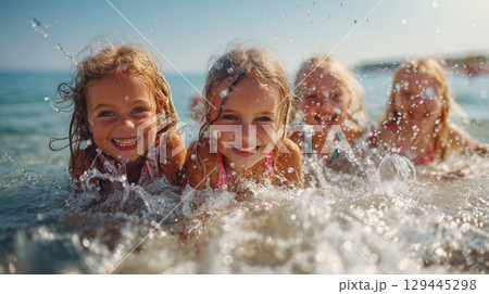 海で遊ぶ笑顔の子供たち 129445298
