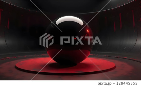 Spherical 3D black object in red abstract space Spherical 3D black object in red abstract space 129445555