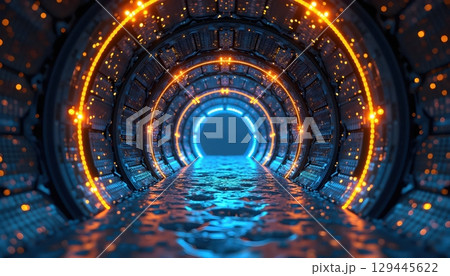 3D Interior Concept With Golden Grid And Blue Core 129445622