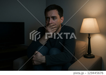 暗い部屋でテレビを見る若い男性 129445676