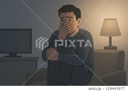 暗い部屋でホラー映画を見る若い男性 129445677