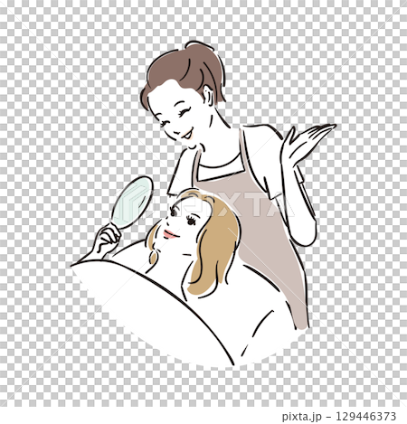 楽しそうにまつ毛エクステの施術を受ける女性 129446373