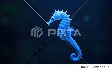 Glowing Blue Seahorse Floating Gracefully In Deep Darkness 129446505