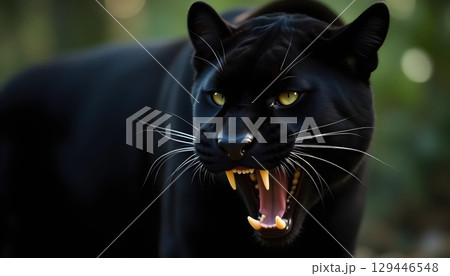 Snarling Panther With Background Shadows And Intense Light 129446548