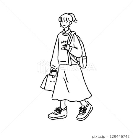 カジュアルでおしゃれな女性・歩く　線画 129446742