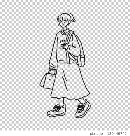 カジュアルでおしゃれな女性・歩く　線画 129446742