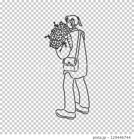 花束を持った後ろ姿の女性　線画 129446744