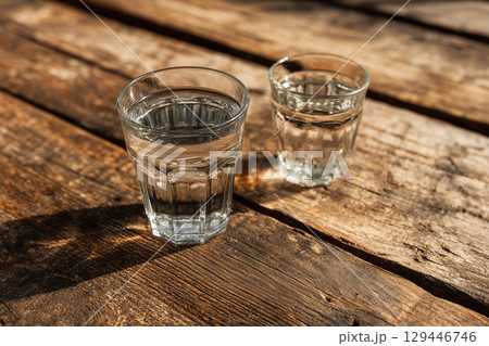 木製テーブルの上に乗せたガラス製のコップ2個をリアルに描いたAI生成画像 木製テーブルの上に乗せたガラス製のコップ2個をリアルに描いたAI生成画像 129446746