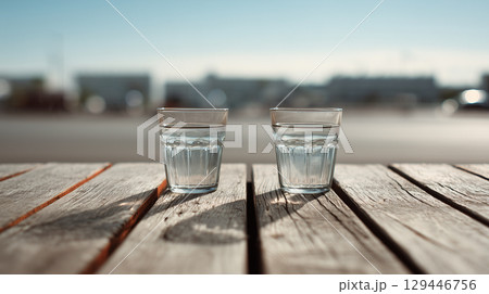 木製テーブルの上に乗せたガラス製のコップ2個をリアルに描いたAI生成画像 129446756