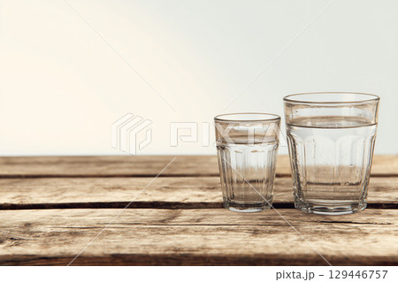 木製テーブルの上に乗せたガラス製のコップ2個をリアルに描いたAI生成画像 木製テーブルの上に乗せたガラス製のコップ2個をリアルに描いたAI生成画像 129446757