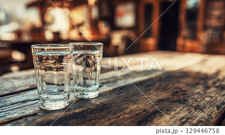 木製テーブルの上に乗せたガラス製のコップ2個をリアルに描いたAI生成画像 129446758