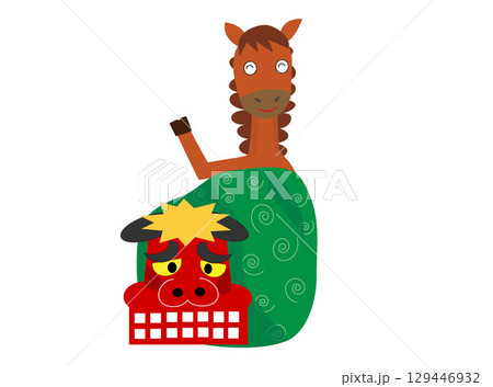 2026年の年賀状のイラスト素材。獅子舞で馬が演奏している。 129446932