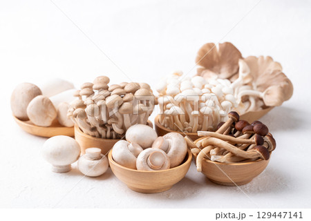 Fresh Champignon, Yanagi, Shimeji, Oyster and King oyster mushroom on white background 129447141