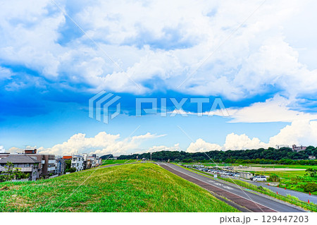 夏の青空と江戸川河川敷 夏の青空と江戸川河川敷 129447203