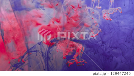 Smoke fluid drip. Ink mix. Red pink violet mist emulsion swirl texture blur water stream. Falling pigment haze fantasy abstract background. 129447240