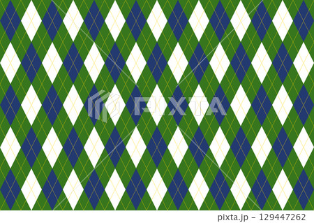 緑・紺・白・黄色のアーガイル背景（4:3比率）鮮やかで調和のとれた伝統的パターン 129447262