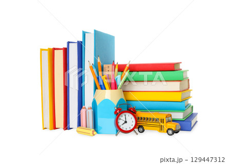 Books and supplies organized for learning, isolated on white, PNG Books and supplies organized for learning, isolated on white, PNG 129447312