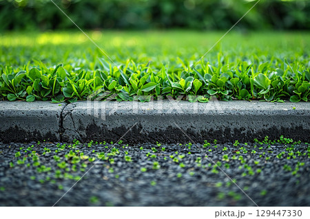 縁石に沿って生い茂る青々とした草と道路 129447330