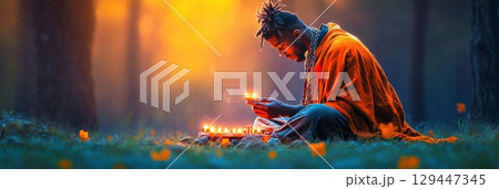 Young man performs divination ritual with runes in a serene forest clearing 129447345