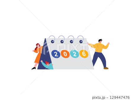 2026のカレンダーと若い男女 129447476