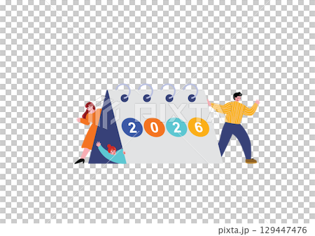 2026のカレンダーと若い男女 129447476
