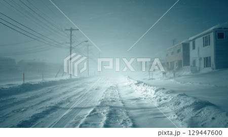 Snow blizzard empty street strong wind winter cold residential dramatic Snow blizzard empty street strong wind winter cold residential dramatic 129447600
