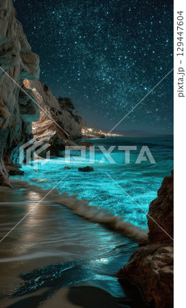 Secluded beach glowing with phosphorescent waves under starry night sky, tranquil atmosphere Secluded beach glowing with phosphorescent waves under starry night sky, tranquil atmosphere 129447604