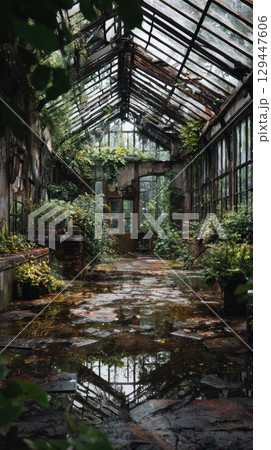 Abandoned greenhouse broken glass overgrown plant lush foliage nature reflection moody 129447606