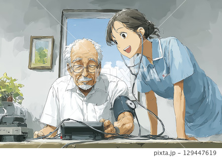 血圧を測定する老人と看護師 129447619