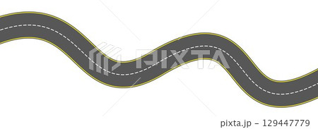 Top view winding road. Wavy highway lane or curved race track. Bend street road route. Town or city pavement asphalt path patten. Horizontal roadway drive stripe. Vector 129447779
