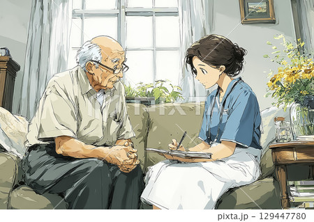看護師による訪問介護の確認シーン 看護師による訪問介護の確認シーン 129447780