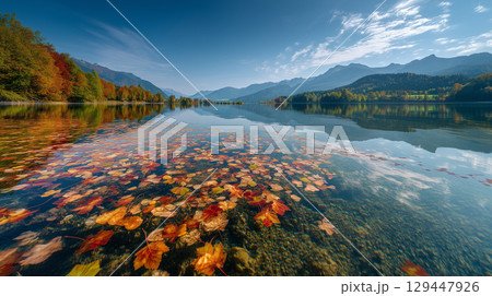 湖面に浮かぶ色鮮やかな紅葉の落ち葉と青空 129447926