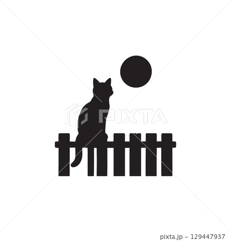 cat on fence silhouette night sky with moon minimal scene 129447937