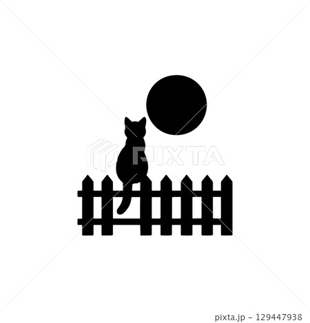 cat sitting on fence silhouette under full moon night scene 129447938