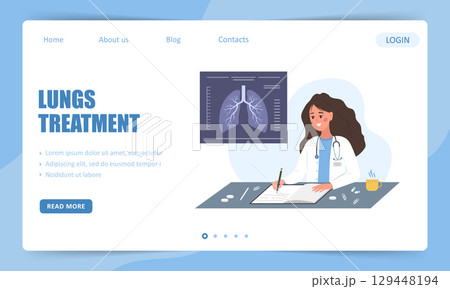 Lungs treatment. Landing page template. Female doctor check X Ray scanning. Vector illustration in flat cartoon style 129448194