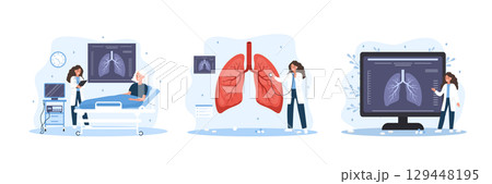 Pulmonologist concept. Tuberculosis, pneumonia, lung cancer diagnostic. Pulmonology and respiratory system treatment. Doctor appointment and patient help. Set of Vector illustration 129448195