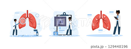 Pulmonologist concept. Tuberculosis, pneumonia, lung cancer diagnostic. Pulmonology and respiratory system treatment. African Doctor appointment and patient help. Set of Vector illustration 129448196
