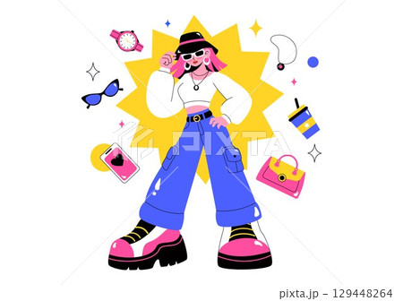 Outfit of the Day OOTD Vector Illustration featuring Clothing Choices, Accessories, Self Expression, and Style Inspiration in a Flat Background 129448264
