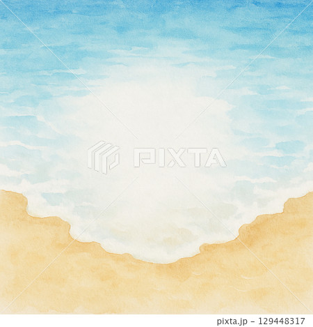 波打ち際のビーチ背景　爽やかな海の水彩イラスト 129448317