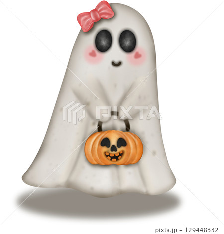 Happy Halloween set with Kawaii ghost, pumpkins, bat and decoration carnival elements. Mystical magical collection clipart. Trendy modern hand drawn. 129448332