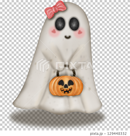 Happy Halloween set with Kawaii ghost, pumpkins, bat and decoration carnival elements. Mystical magical collection clipart. Trendy modern hand drawn. 129448332