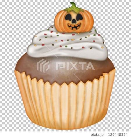 Happy Halloween set with Kawaii ghost, pumpkins, bat and decoration carnival elements. Mystical magical collection clipart. Trendy modern hand drawn. 129448334