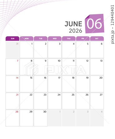 June 2026 Calendar. Week start on Sunday. Desk calendar 2026 design, simple and clean design, Wall calendar for print, digital calendar, Corporate design planner template vector. June 2026 Calendar. Week start on Sunday. Desk calendar 2026 design, simple and clean design, Wall calendar for print, digital calendar, Corporate design planner template vector. 129448401