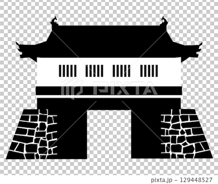 Black and white silhouette of a Japanese castle's yaguramon gate 129448527