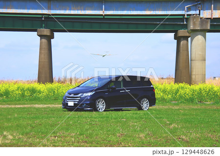菜の花畑とミニバン車両と飛行機 菜の花畑とミニバン車両と飛行機 129448626