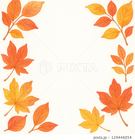 紅葉の葉が囲む秋の背景フレーム 暖色系水彩イラスト 紅葉の葉が囲む秋の背景フレーム 暖色系水彩イラスト 129448854