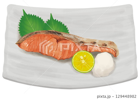 皿にのった秋の味覚、焼き鮭 皿にのった秋の味覚、焼き鮭 129448982