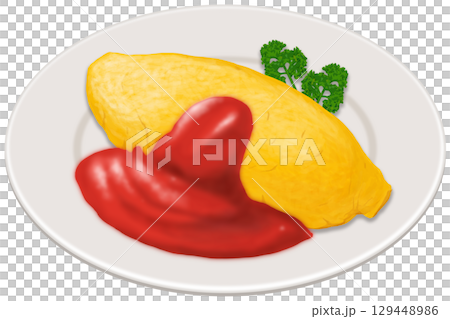 皿に盛りつけられたオムライス 129448986