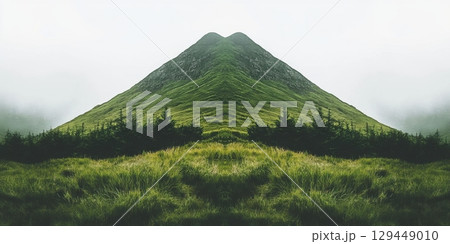 Serene Green Mountain Landscape Nature Scene Peaceful Vista fog sky calm mist view wild hills grass 129449010