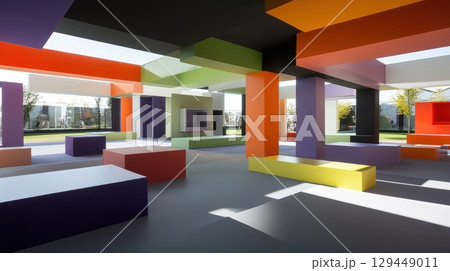 Modern Colorful Abstract Architecture Design Building Structure red art grey bold space green light 129449011